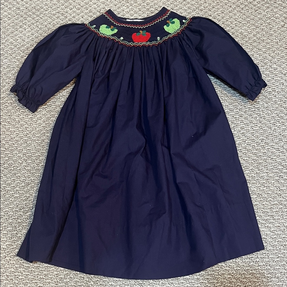 Smocked Navy Blue Kids Dress with Apple Embroidered Details-4t